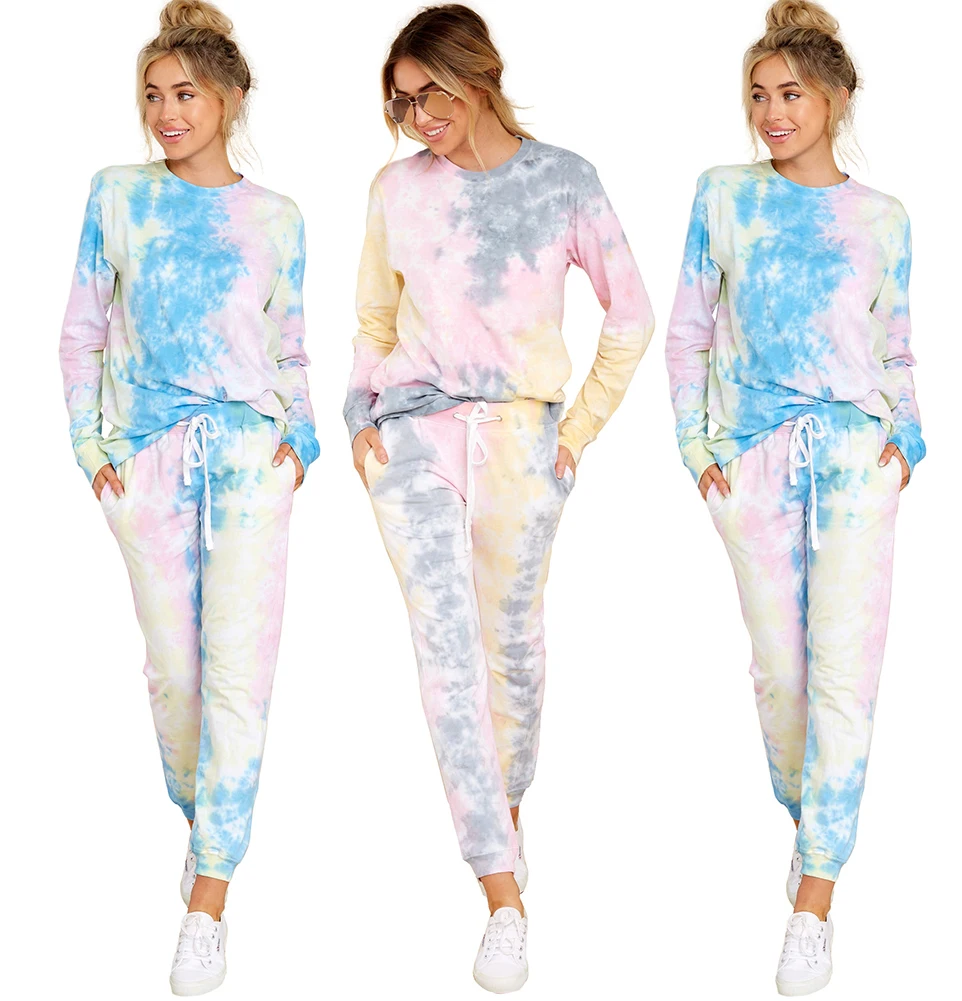 

Winter Thick Pajamas Tie Dye Print Long Sleeve T Shirts Pants Two Piece Sets Women