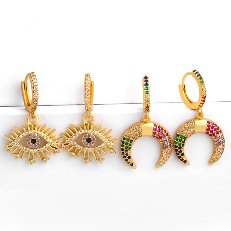

MEXICO jewelry rainbow color moon shape Hoop earring evil eyes