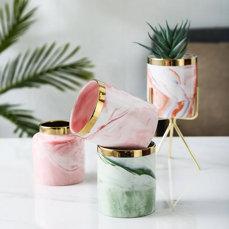 

Nordic ins ceramic iron home office pot with golden edge/simulated fleshy flower pot(cylinder ), Blue/green/pink/grey