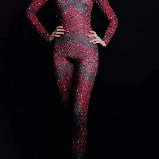 

Sexy Female Full Rhinestone Jumpsuit Singer Stretched Red Leotard Crystal Outfit Party Wears Tights Disco Dress Clothes DJ