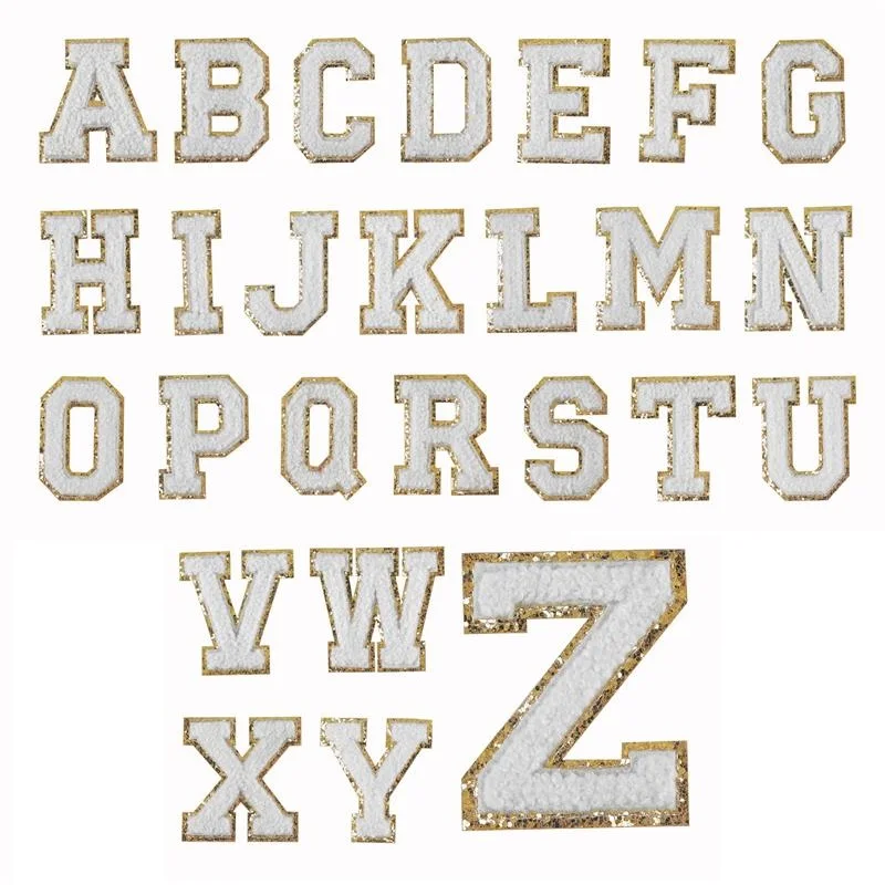 

26 PCS White Chenille Letter Patches for Clothes Varsity Fuzzy Original Iron on Stick on Adhesive Embroidered Gold Glitter