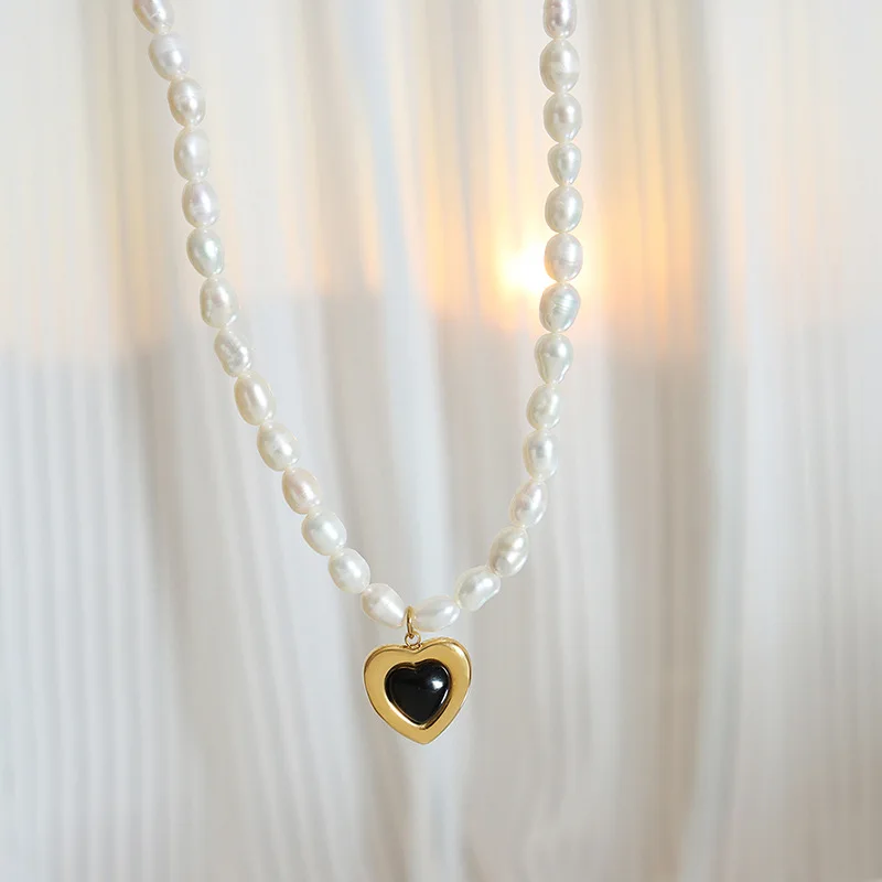 High End 18k Pvd Gold Plated Baroque Freshwater Pearl Necklace Stainless Steel Opal Heart Necklace colier pour femme