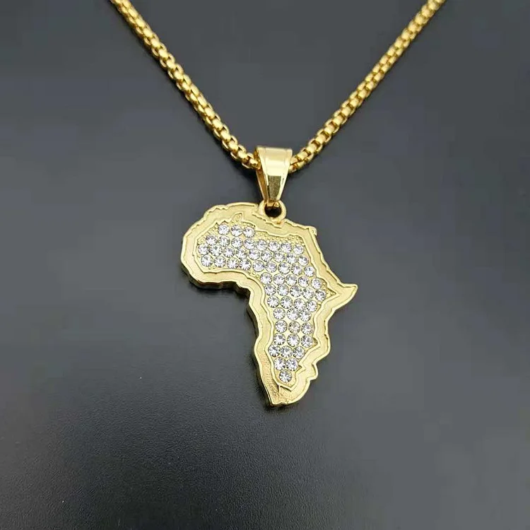 

Ruigang Hiphop Men 316L Stainless Steel Gold Filled Iced Out African Crystal Africa Map Necklace