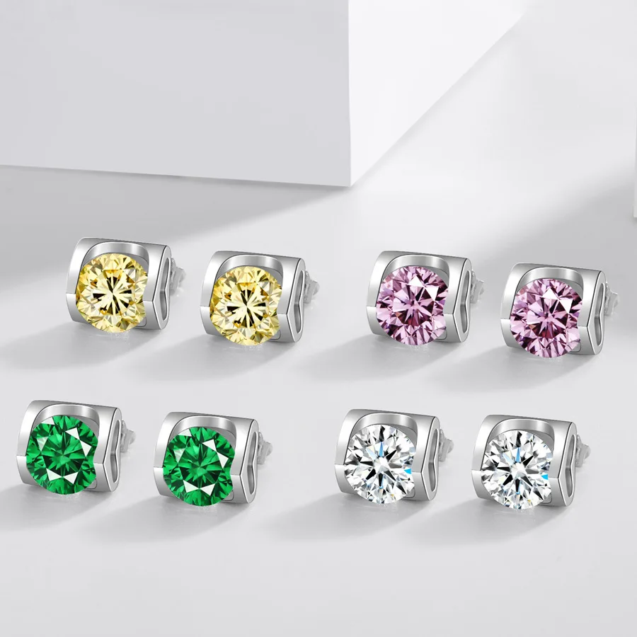 

Heart-shaped love heart hollow inlaid white pink yellow green diamond 90 points S925 sterling silver ear pin female stud earring
