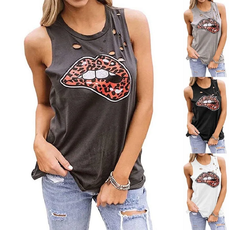 

Women's Summer Tank Tops Sleeveless Lip Leopard Print Tops Crew Neck Graphic Tee sleeveless shirt