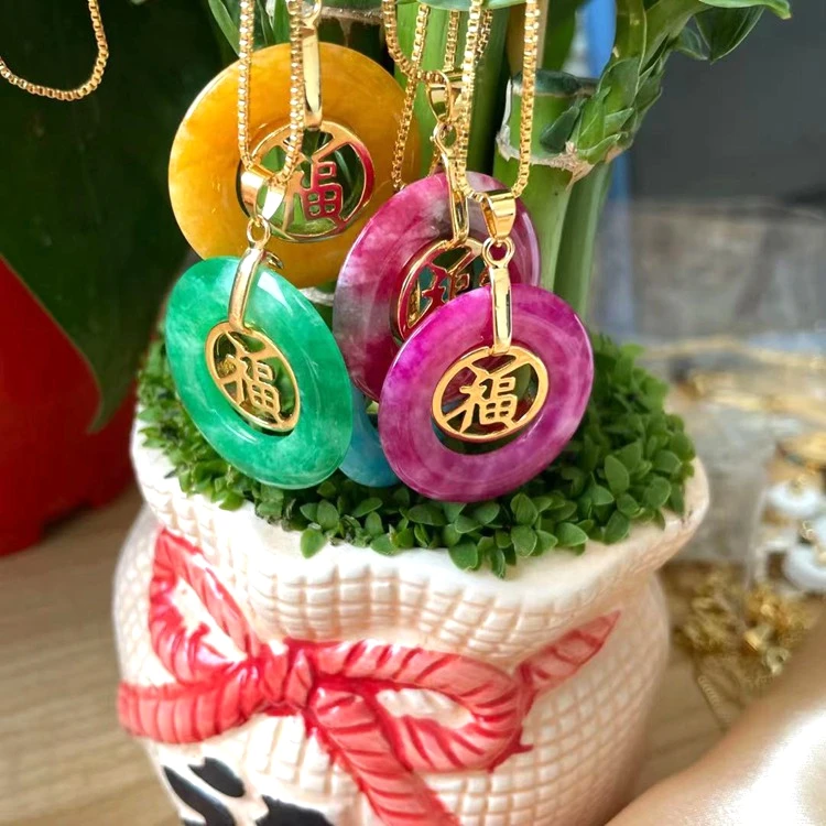 

Jialin INS natural green red fuchsia pink yellow jade donut circle bless peace buckle pendant necklace