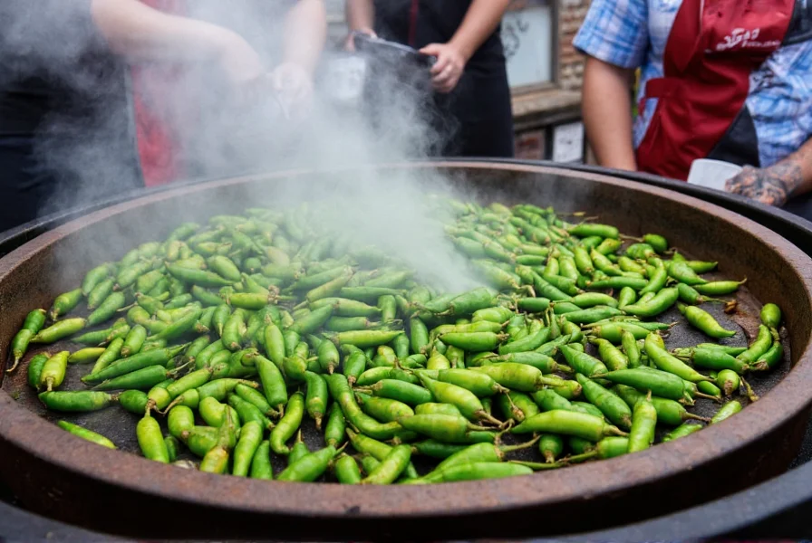Fresh green Hatch chile peppers roasting in a metal drum over open flame, with steam rising and people wearing aprons