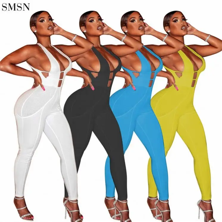

TINA Fashionable Solid Color Backless Sleeveless Hollow Out Sexy Bodycon Jumpsuit 2021 Summer Jumpsuit