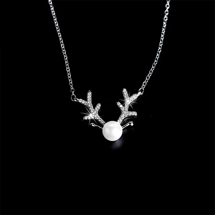 

S925 Silver Elk Mother Shell Pearl Lovely Antler Art Christmas Gift Short Necklace Temperament Women'S Necklace, Picture shows