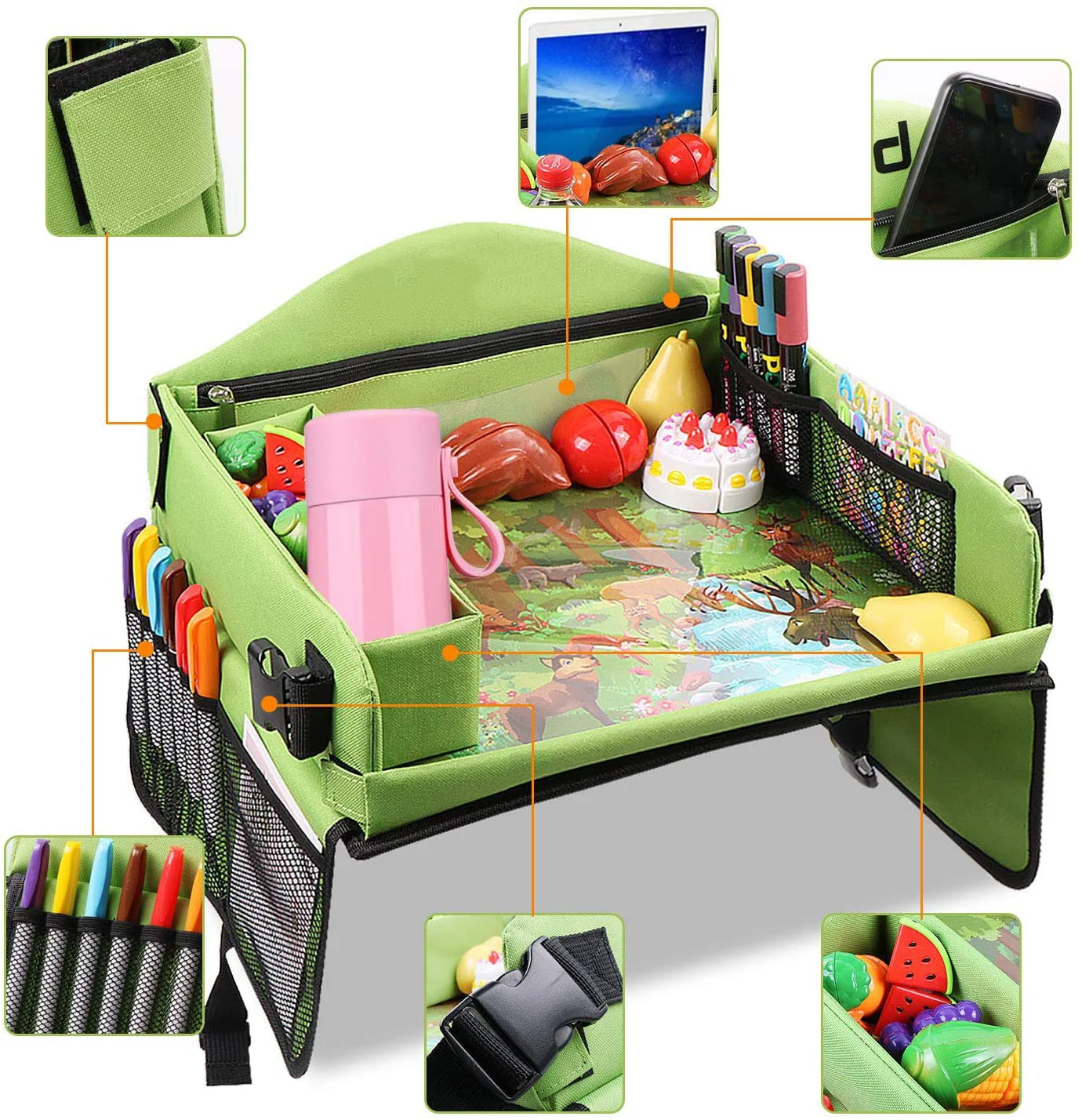 

Kids Travel Activity Lap Tray Portable Traveling Car Seat Lap Desk 600D Polyester Kids Travel Tray, Green