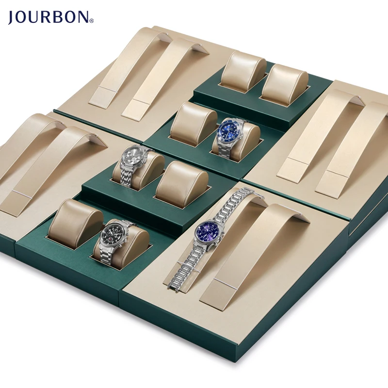 

Jourbon New Luxury Watch Window Display Tray Custom Personal Lable LOGO PU Leather Wrist Watch Display Stand, Gold, green
