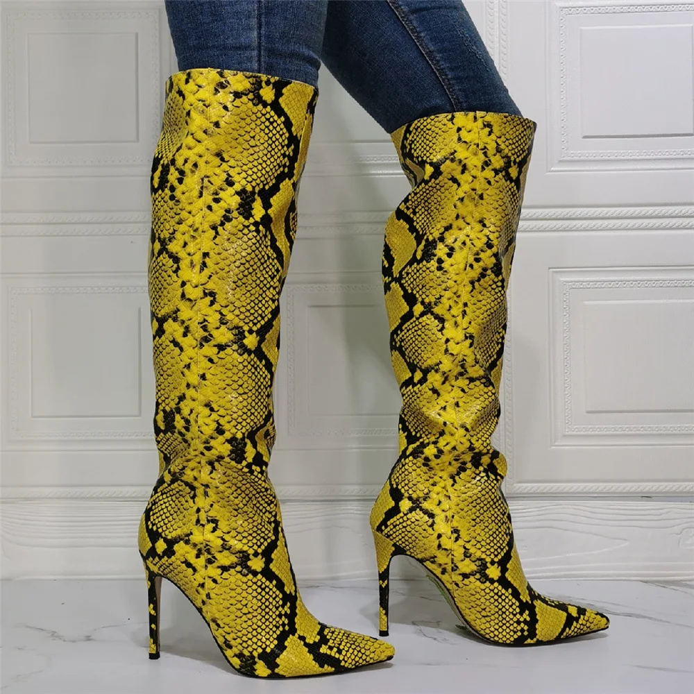 

Sexy Snake Print Plus Size One Step Pointed Toe Stiletto Heel Knee Length Women Boots, Yellow
