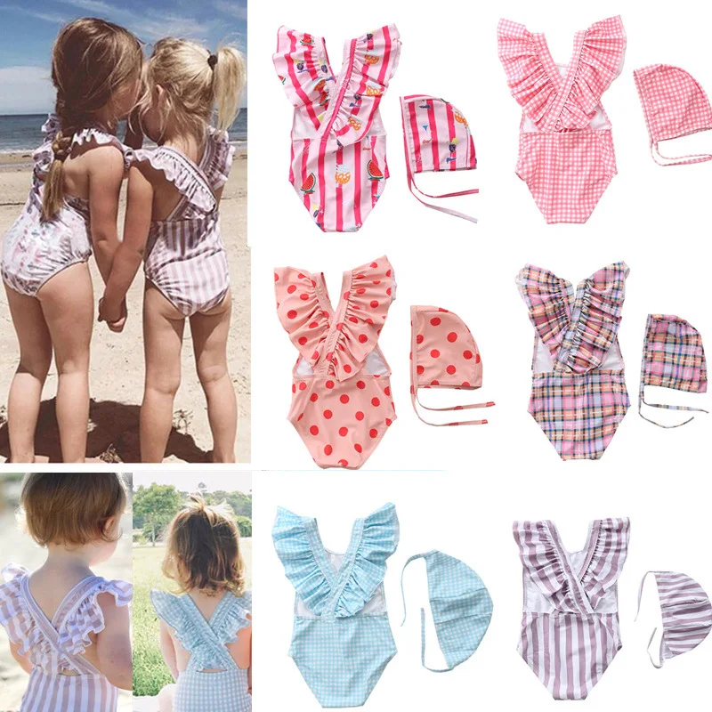 

Toddler Baby Girls Swimwear Fashion Summer One Piece Swimsuit Hat Children Bathing Suit Kids Beach Wear