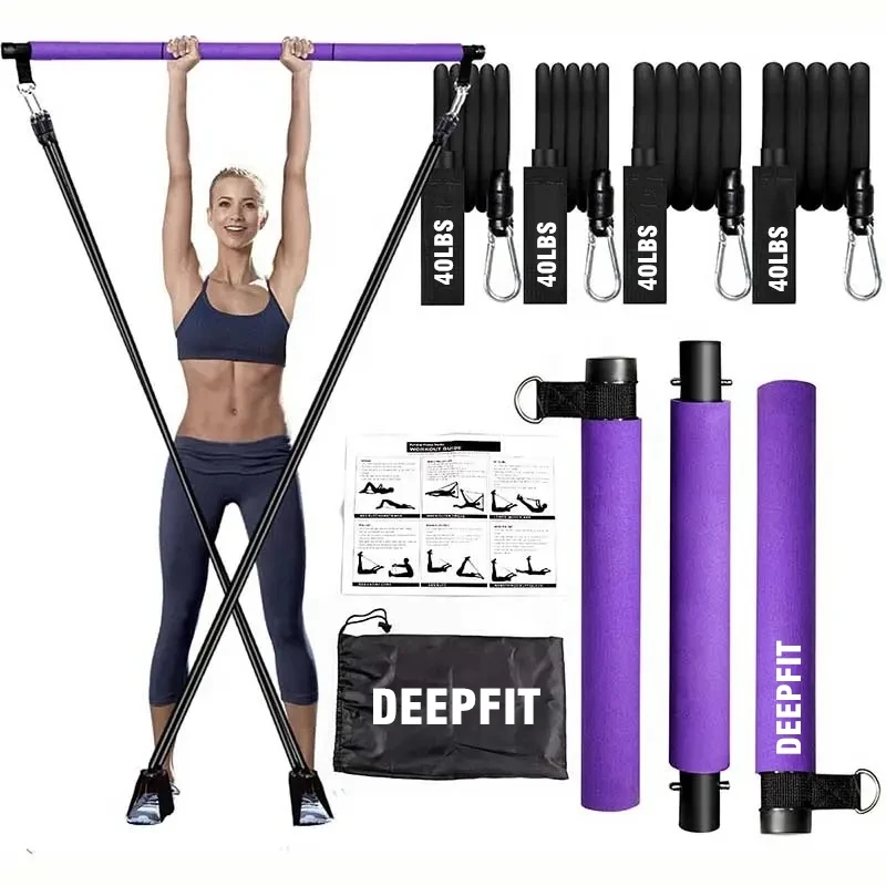 

Workout Fitness Yoga Pilates Bar Kit with adjustable 40 lbs Resistance Bands Portable 3-Section Exercise pilates Stick kit
