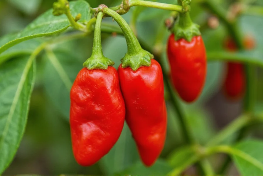 Close-up view of red Trinidad Moruga Scorpion peppers growing on plant with characteristic stinger-like tail