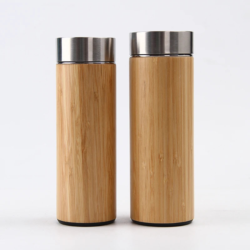 Eco friendly bamboo wood travel coffee cups stainless steel tea tumbler with infuser