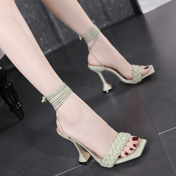 

INS Fashion Sexy Rope Sandals For Women Square Toe Strap High Heels Sandals Shoes 2021 Summer Lady Custom Sandals