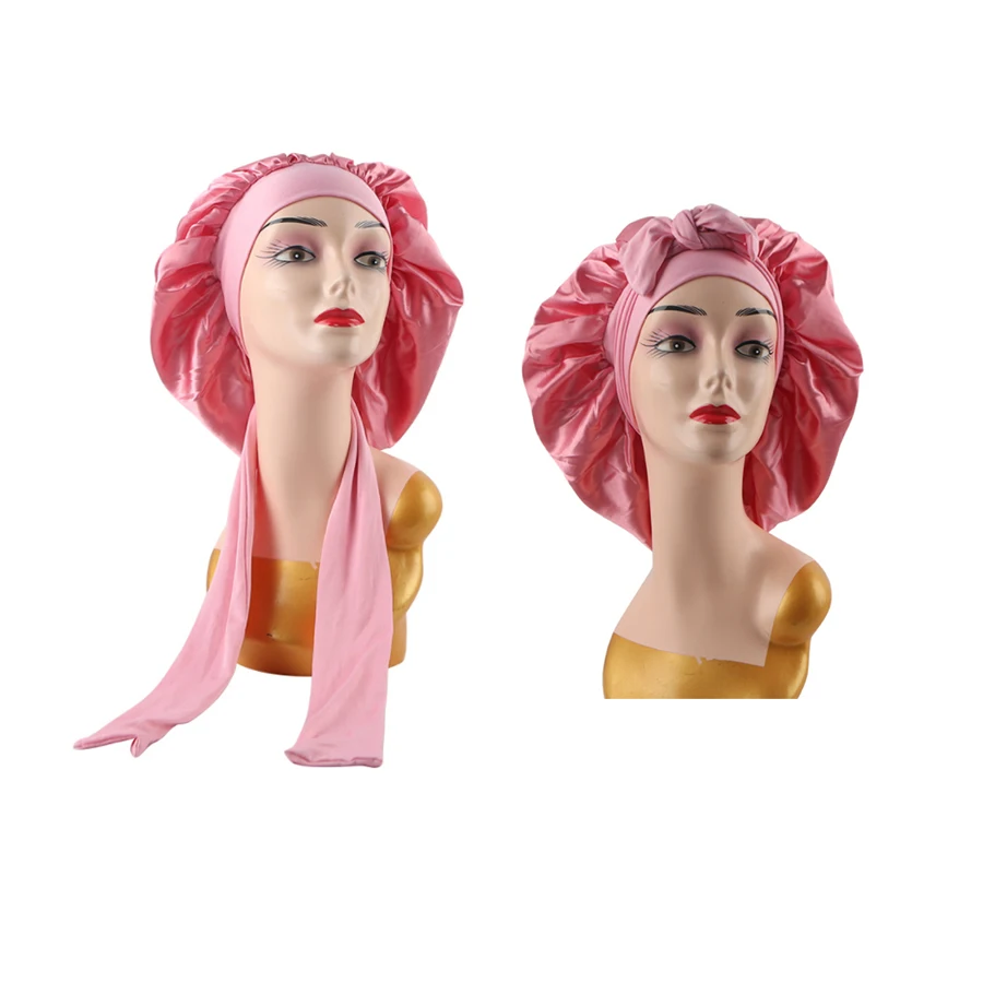 

Custom Logo Digital Printing Double Layer Long Satin Bonnet Silk Edge Wrap Bonnet Lace Frontal Wig Human Hair Bonnets Wholesale