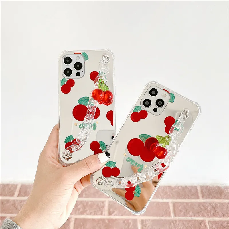 

new shockproof cherry pendant bracelet mirror phone case for iphone 12 series, for case iphone 7 plus for girl, Various