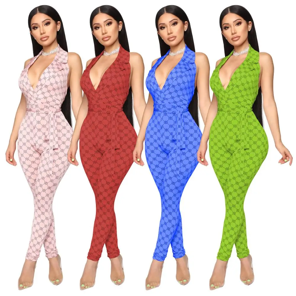 

Women's print backless bodycon jumpsuit sleeves 4 colors custom women jumpsuit FM-H3288, As pictures