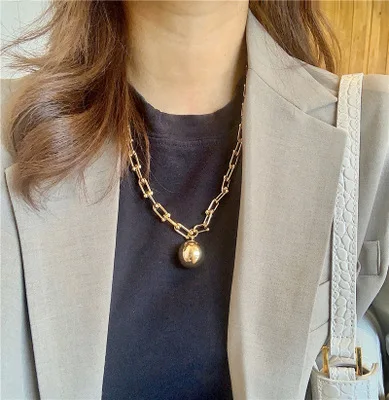 

Fashion Chic Style 24K Gold Plated Chunky Chain Sweater Necklaces Metal Ball Pendant Link Chain Necklaces