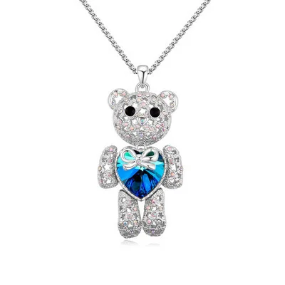 

Vintage Cute Charm Bear Pendant Necklace Long Jewelry Gold Plated Crystal Diamond Heart Teddy Bear Necklace, As pictures