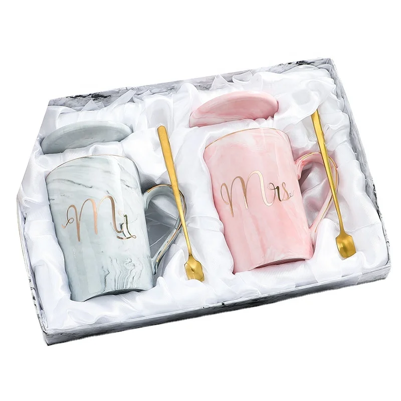 

Nordic Style Ceramic Marble Mugs Porcelain Creative Mug Set Gift Box Ceramic Couple Coffee Mug, Grey,pink