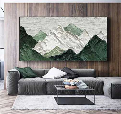 

100% Hand Painted Horizontal White Green Mountain Modern Abstract Thick Texture Canvas Brushes Relief Painting 3D Wall Art
