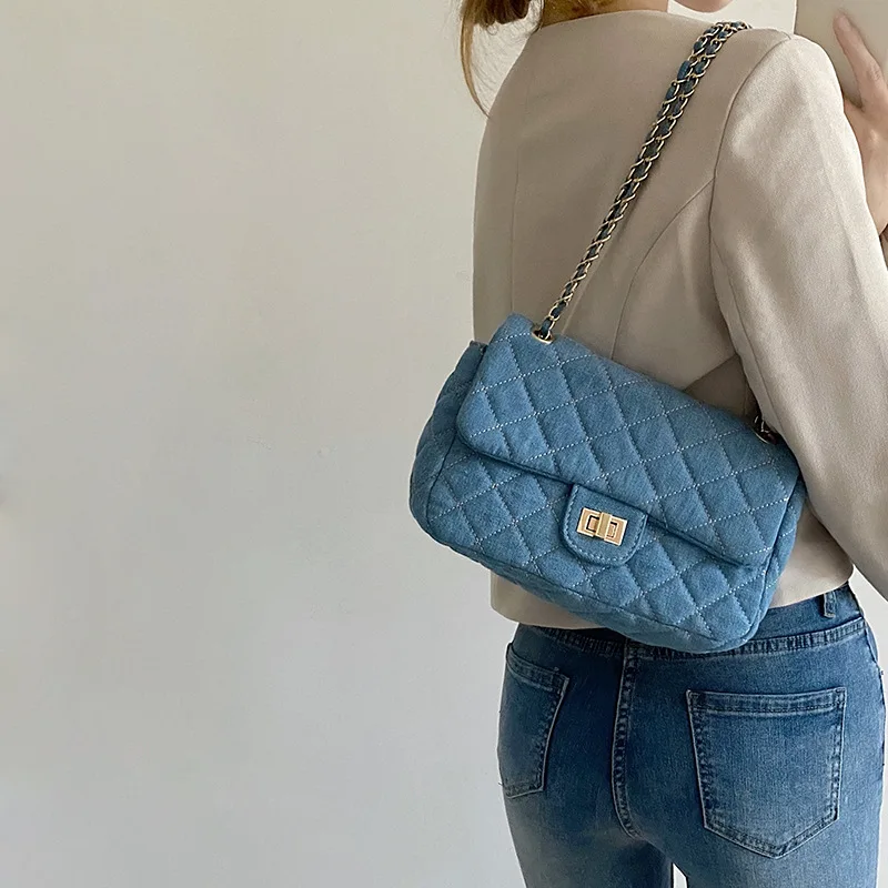 

Branded Autumn Winter Retro Denim Blue Flip Lock Shoulder Chain Bags Women Handbags Ladies Messenger Sling Bags