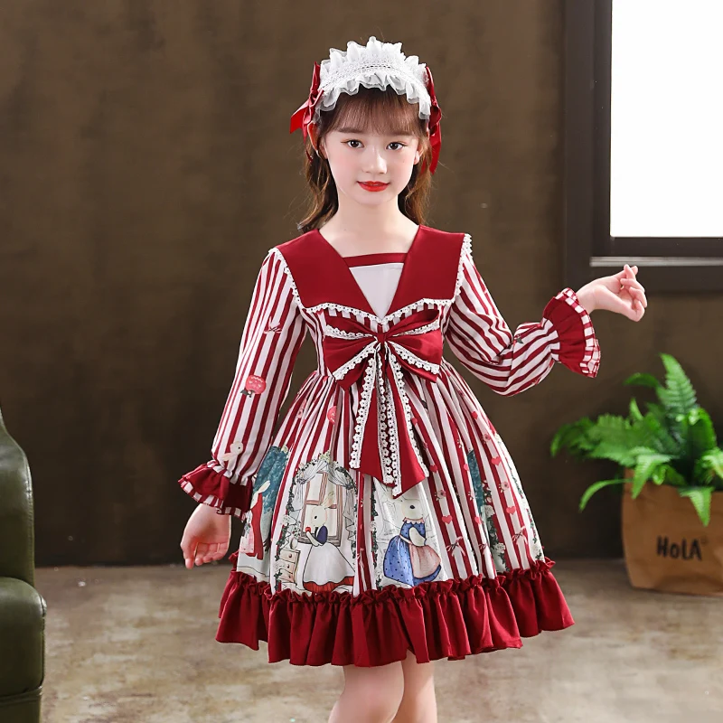 

Spring Kawaii Lolita Sweet Dress Girls Vintage Victorian Gothic Long Sleeve Bow Lace Princess Tea Party girls Sweet Dresses