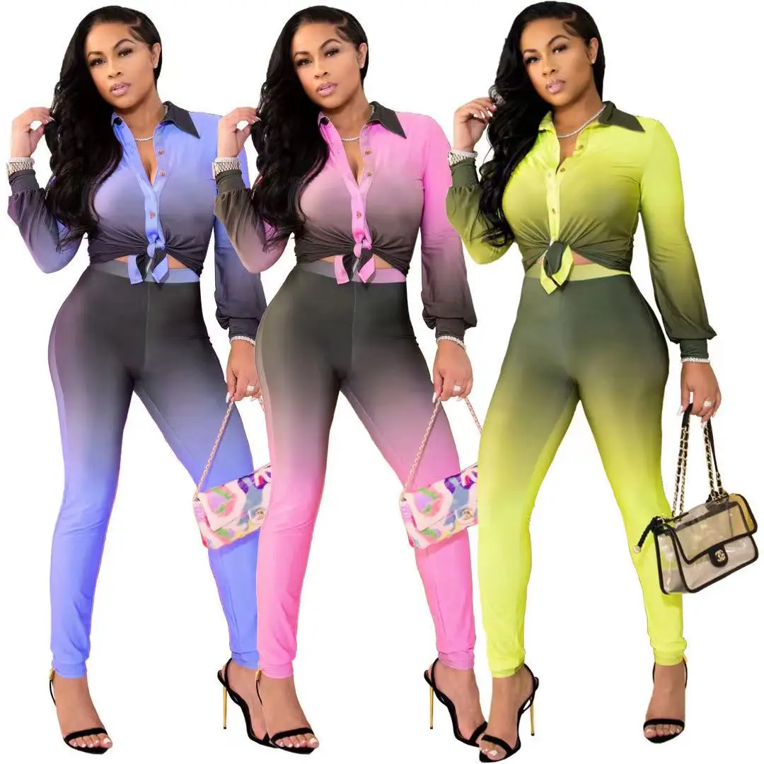 

2021 New Arrivals Fashion Women Turn-down Collar Long Sleeve Shirt Slim Pants 2 Pieces Set Tie Dye Outfit Jumpsuit, Picture show