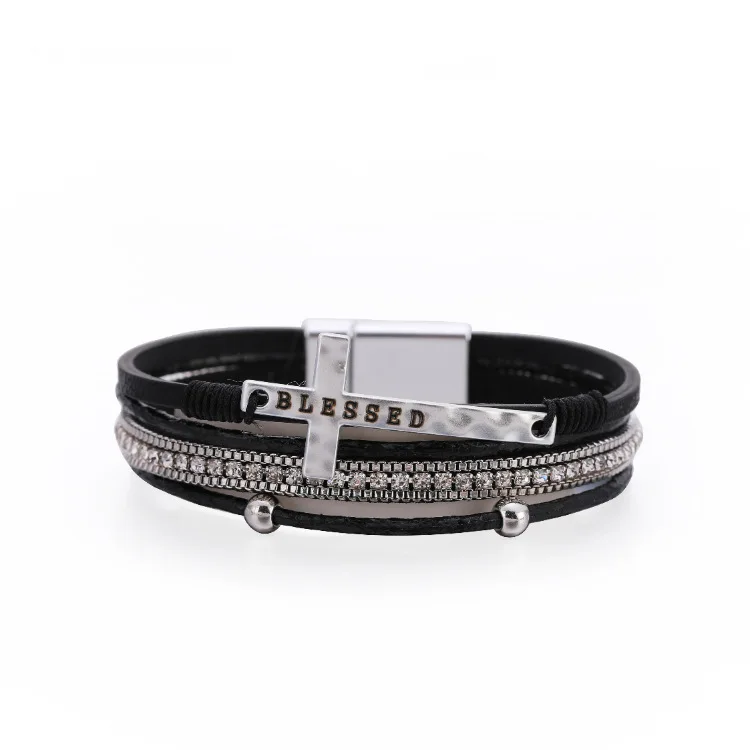 

Light Luxury Multi Layer Leather Bracelets Women Accessories Diamond Tennis Bracelet Magnetic Buckle Bracelet With Jesus Cross, Gray, white, pink, black, orange, brown
