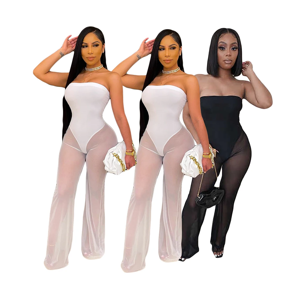 

Foma CN0104 summer 2021 women clothing high elastic sexy mesh strapless long pants black one piece jumpsuit, 2 colors
