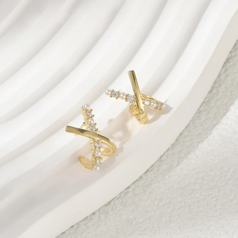 

ED00220 Korean Fashion Fine 925 Silver Post Cross Pearl Stud Earrings Gold Plated Women Jewelry