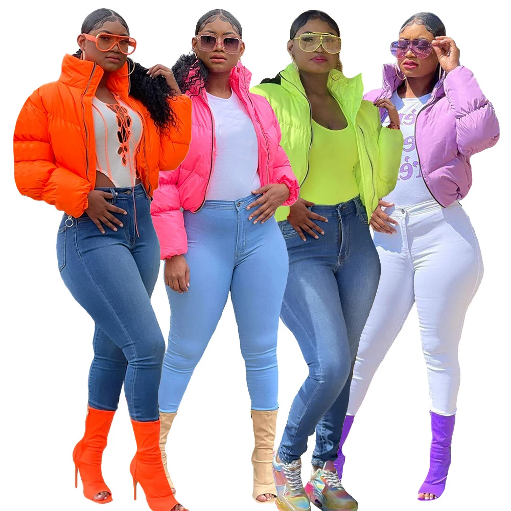 

Fall Winter Coat Women Puff Sleeve Short Bubble Coats Zip Up Puffer Jacket Ladies Crop Tops Warm Down Coats