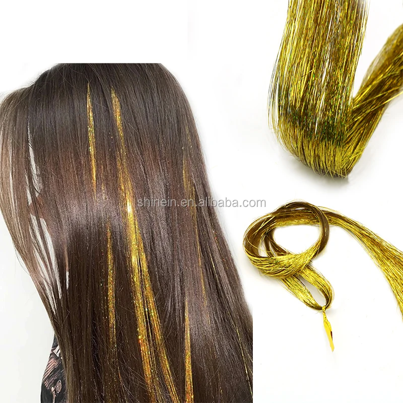 

Popular  Highlights Synthetic 150 Strands Hairpieces Holographic Extensions Glitter Hair Tinsel for Music Beach Party, As per picture