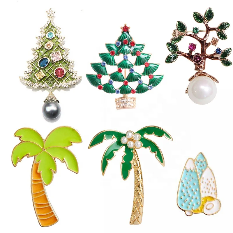 

XILIANGFEIZI Enamel Hot Sell Vintage Plant Coconut Tree Pearl Rhinestone Christmas Brooches, Gold