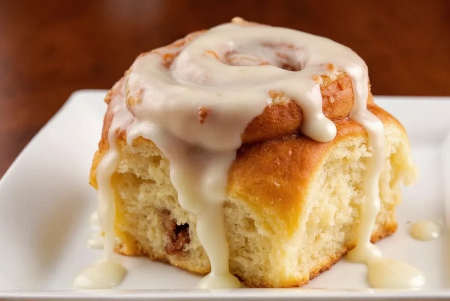 Close-up of perfectly baked cinnamon rolls with spiral pattern visible and cream cheese frosting melting into the layers
