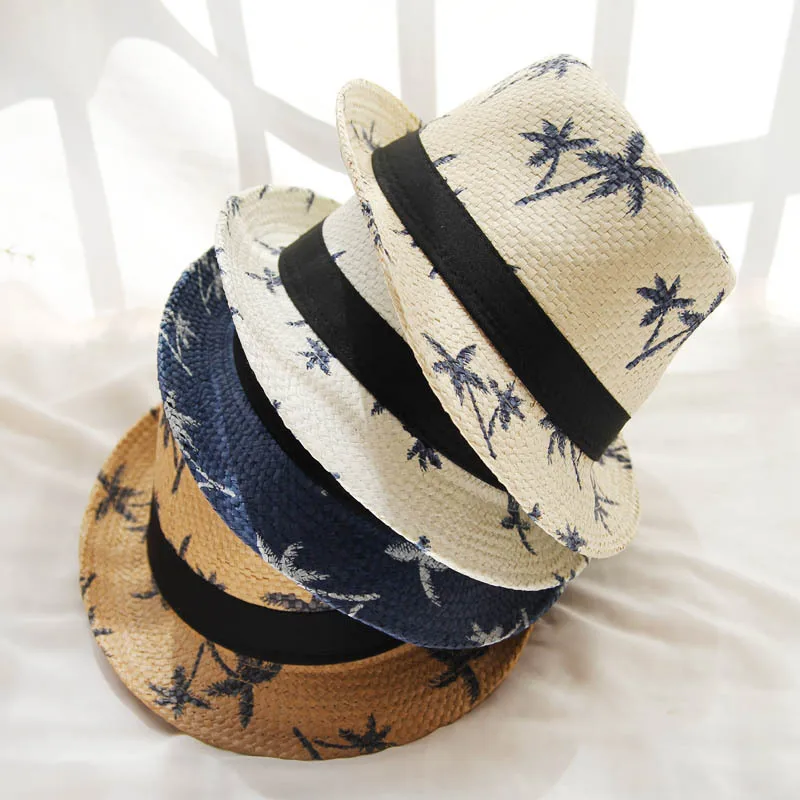 
Hot sales outdoor travelling coconut Leaf Print panama straw hat tree beach Fedora jazz straw Hat 