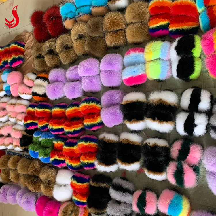 
Wholesale Indoor Women Real Raccoon Mink Sandals Fox Fur Slides Slippers with Custom Logo 