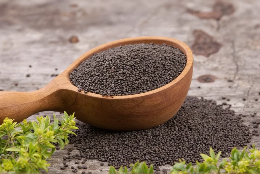 Black cumin seeds in traditional ceramic bowl with measuring spoon