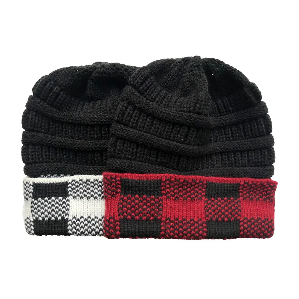 

Ponytail Beanie Hats Women NY Beanie Hats Buffalo Plaid Beanies Knitted Winter Warm Hats DOM-1081699