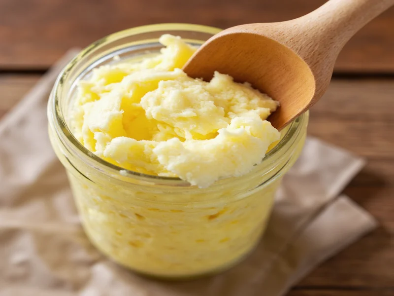 Fresh homemade butter in mason jar with wooden spoon