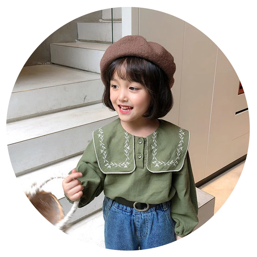 

Children Embroidered Clothes Girl Long Sleeve Tops Lapel White Shirt For Spring and Autumn