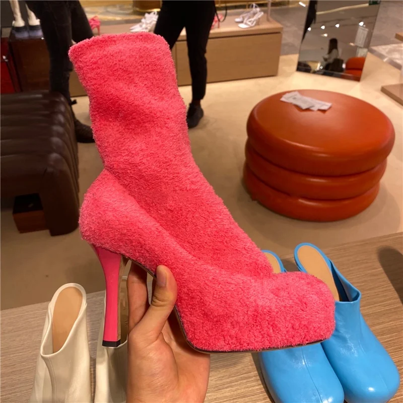 

New Fancy High Heel Square Toe Stretch Leather Boots Fashion Short Fluffy Fur Red Ankle Boots Women's Multi Color Platform Shoes, Yellow,red,black,beige,pink,brown