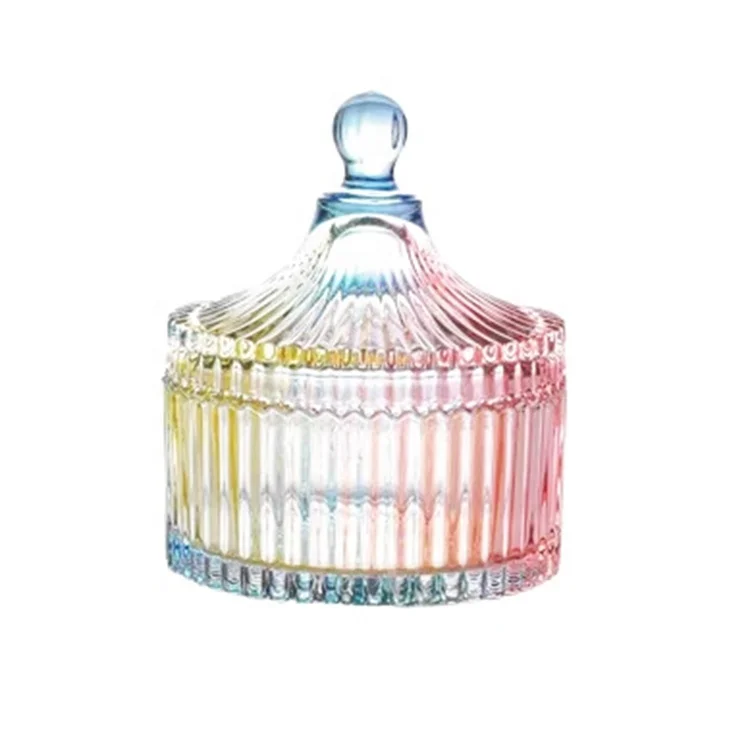 

Brilliant Rainbow Color Candy Glass Jar Quilted European Style Sweets Container Quality Fruits Glass Jar