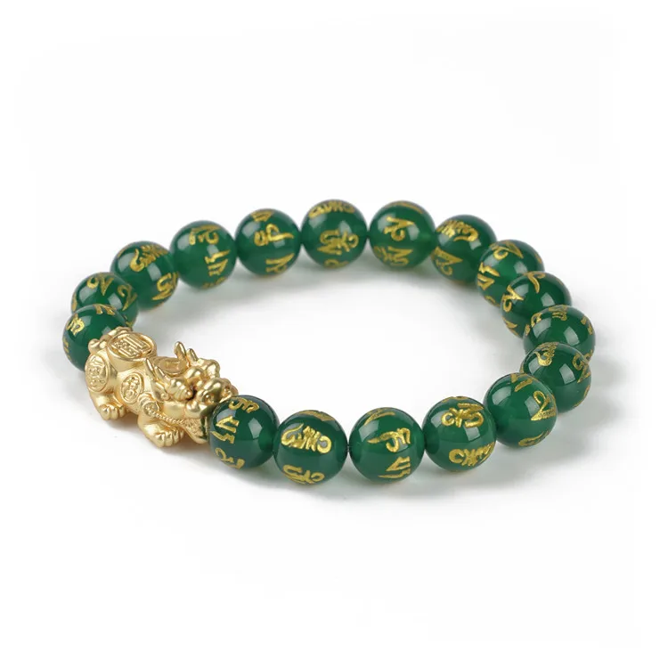 

Factory Good Luck Wealth Jewelry nature 10mm Green agate Beads PiXiu Bracelet Six Words Feng Shui Prosperity PiXiu Bracelet