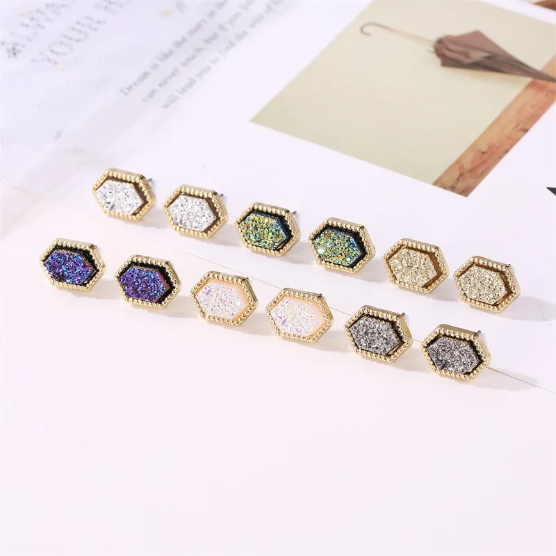 

Mini Hexagon Resin Druzy Drusy Stud Earrings Fashion Famous Brand Designer Jewelry Gold Stud ACC for Women