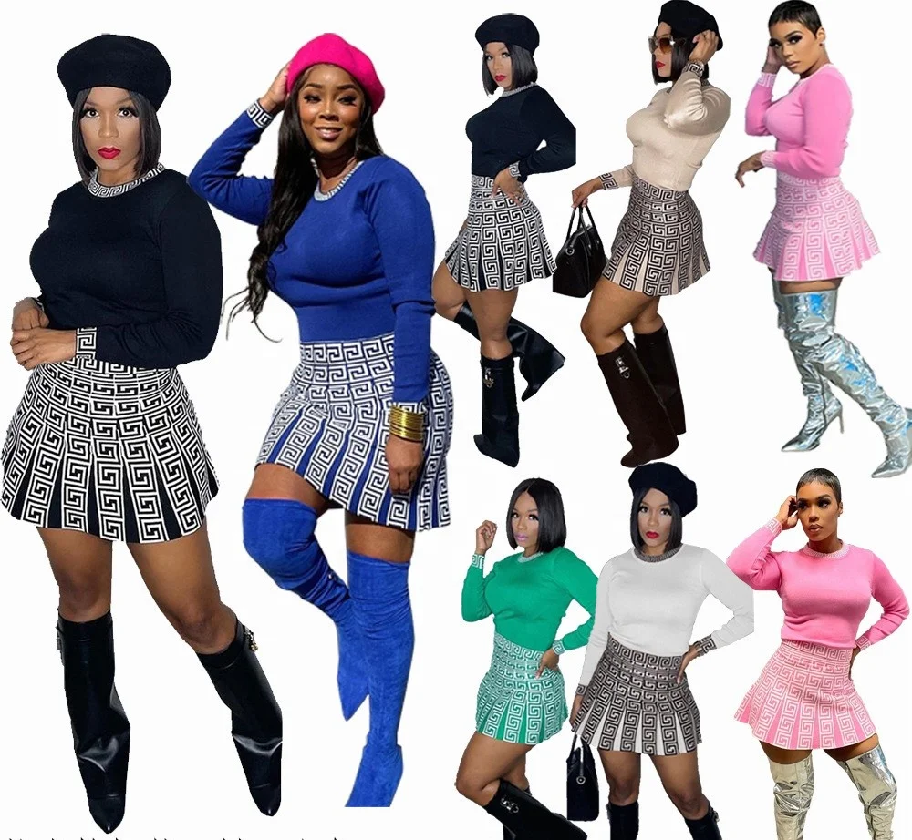 

2022 New Fashion Women Long Sleeve Two Piece Skirt Set Spring Fall Lady Stylish Streetwear 2 Pcs Skirts Outfits