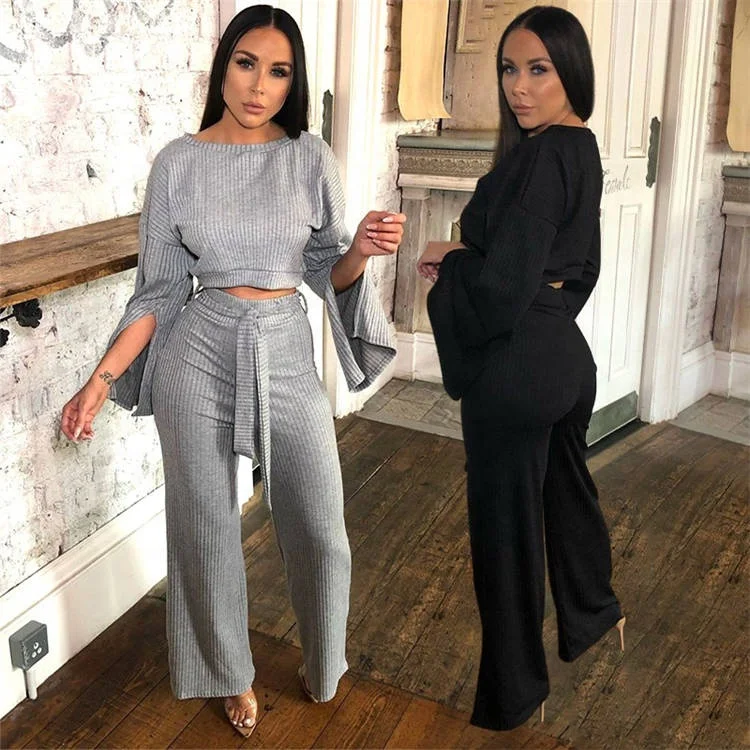 

2022 New Arrival Outfits Women Clothing Tracksuit Wide Leg Flare Pants Two Piece Set, Picture shown